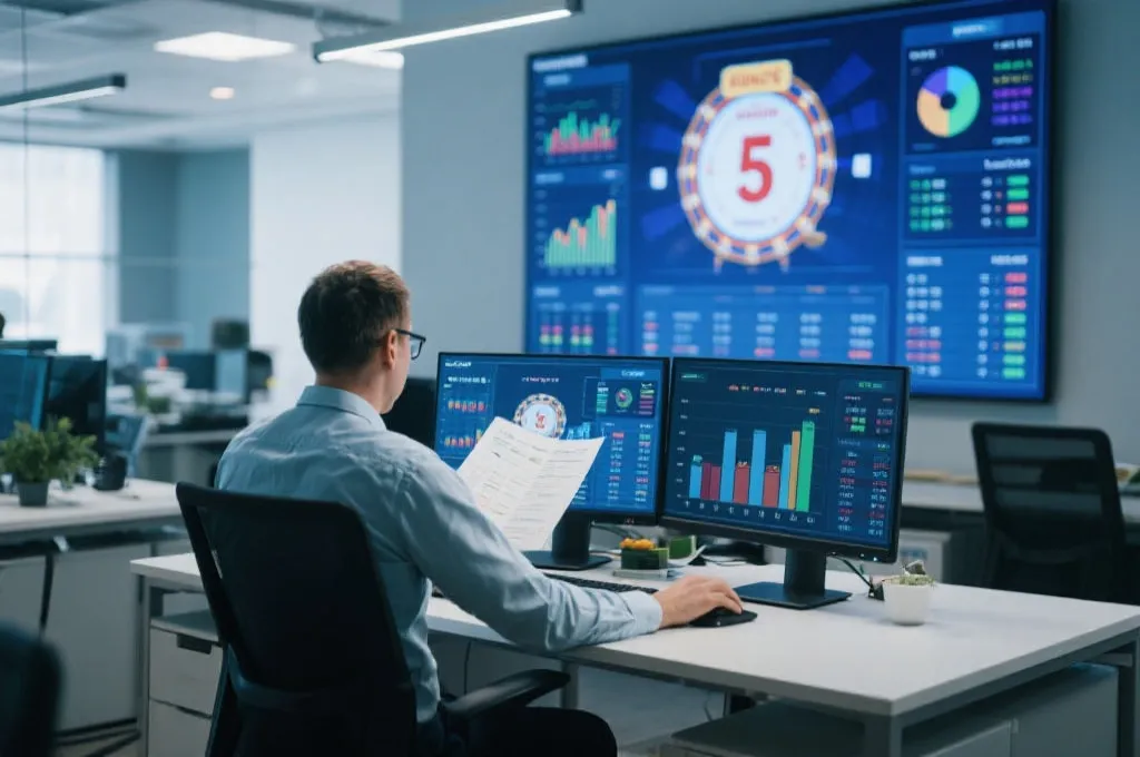 数据分析师在屏幕前解读彩票开奖数据